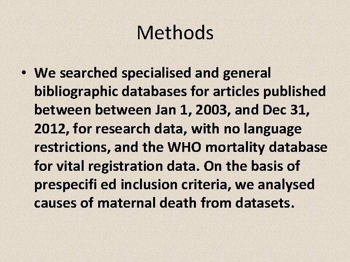 Methods • We searched specialised and general bibliographic databases for articles published between Jan
