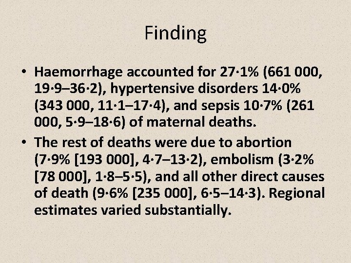 Finding • Haemorrhage accounted for 27· 1% (661 000, 19· 9– 36· 2), hypertensive