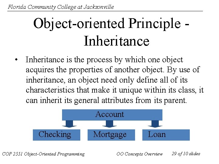Florida Community College at Jacksonville Object-oriented Principle Inheritance • Inheritance is the process by
