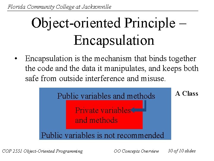 Florida Community College at Jacksonville Object-oriented Principle – Encapsulation • Encapsulation is the mechanism