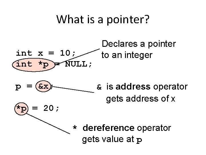 What is a pointer? int x = 10; int *p = NULL; p =