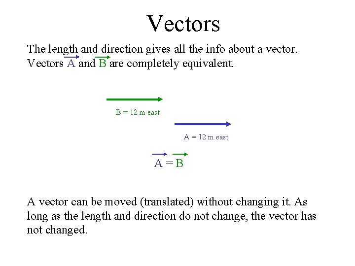 Vectors The length and direction gives all the info about a vector. Vectors A Vectors The length and direction gives all the info about a vector. Vectors A