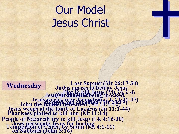 Our Model Jesus Christ Last Supper (Mt 26: 17 -30) Judas agrees to betray