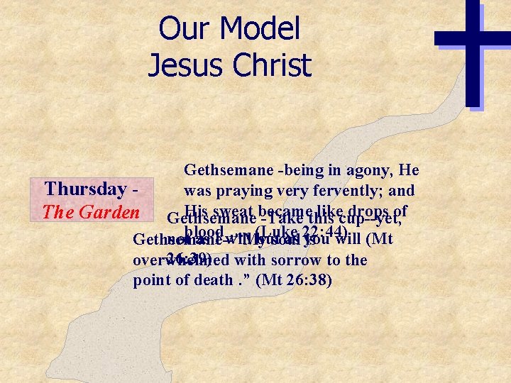 Our Model Jesus Christ Gethsemane -being in agony, He Thursday was praying very fervently;