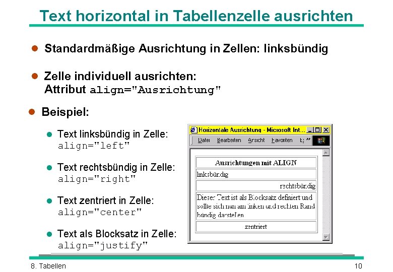 Text horizontal in Tabellenzelle ausrichten l Standardmäßige Ausrichtung in Zellen: linksbündig l Zelle individuell