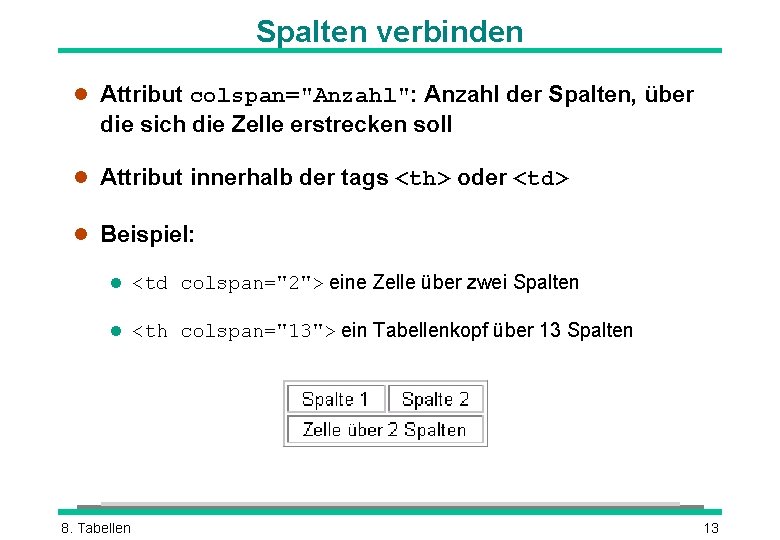 Spalten verbinden l Attribut colspan="Anzahl": Anzahl der Spalten, über die sich die Zelle erstrecken