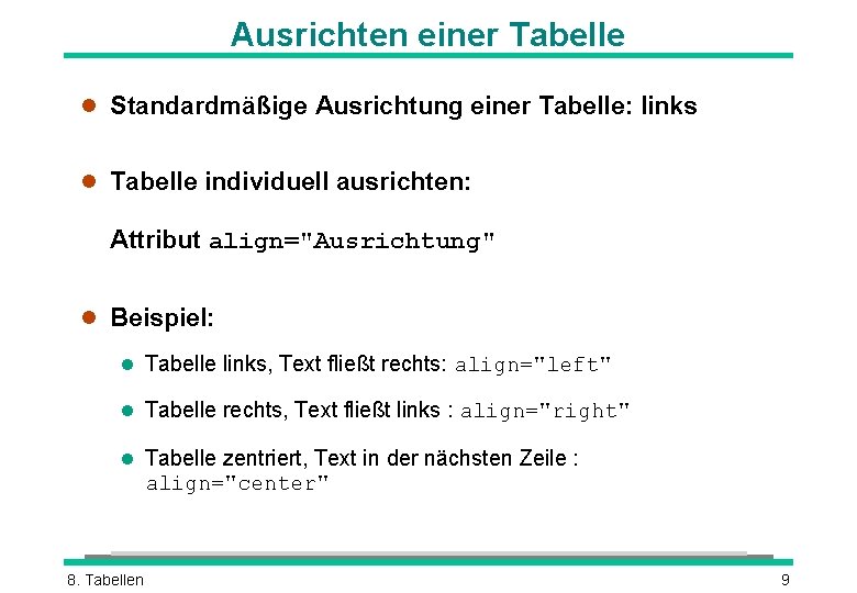 Ausrichten einer Tabelle l Standardmäßige Ausrichtung einer Tabelle: links l Tabelle individuell ausrichten: Attribut