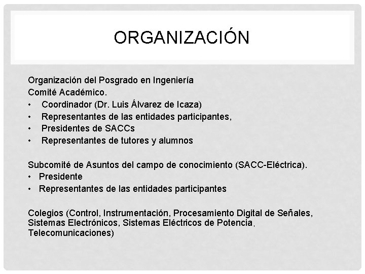ORGANIZACIÓN Organización del Posgrado en Ingeniería Comité Académico. • Coordinador (Dr. Luis Álvarez de
