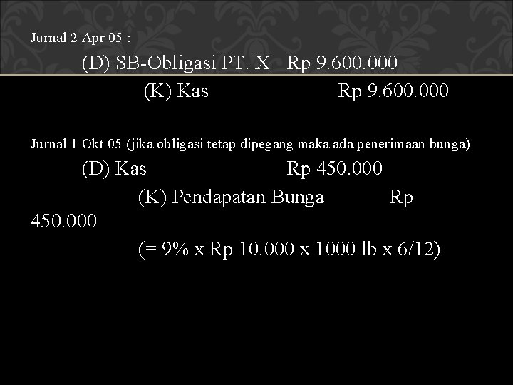 Jurnal 2 Apr 05 : (D) SB-Obligasi PT. X Rp 9. 600. 000 (K)