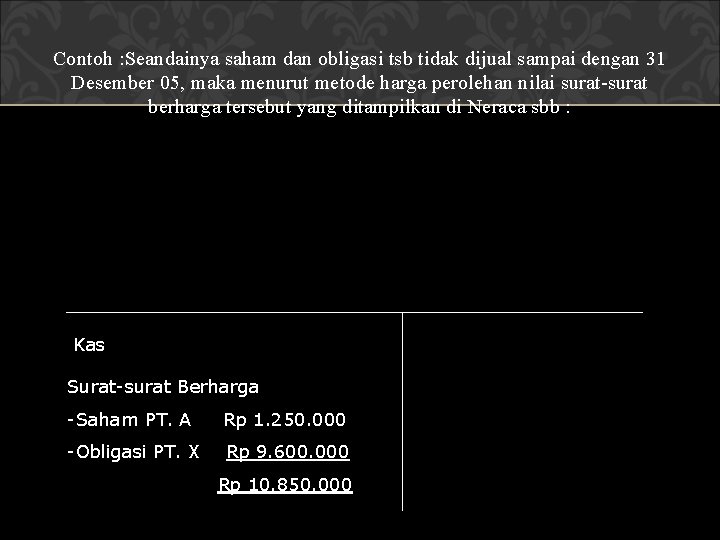 Contoh : Seandainya saham dan obligasi tsb tidak dijual sampai dengan 31 Desember 05,