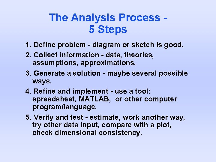 The Analysis Process 5 Steps 1. Define problem - diagram or sketch is good. The Analysis Process 5 Steps 1. Define problem - diagram or sketch is good.