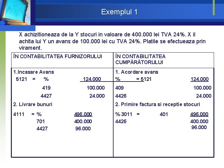 Exemplul 1 X achizitioneaza de la Y stocuri in valoare de 400. 000 lei Exemplul 1 X achizitioneaza de la Y stocuri in valoare de 400. 000 lei