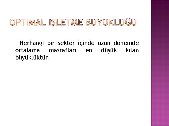 Herhangi bir sektör içinde uzun dönemde ortalama masrafları en düşük kılan büyüklüktür. 