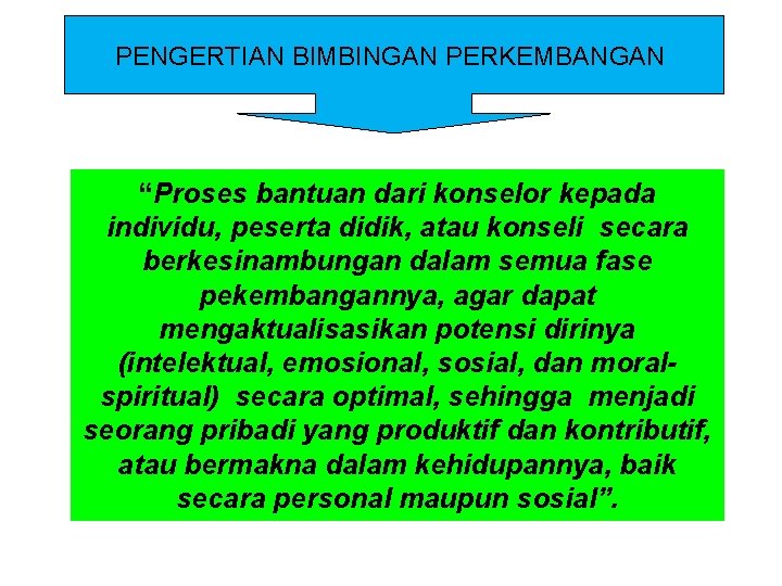 PENGERTIAN BIMBINGAN PERKEMBANGAN “Proses bantuan dari konselor kepada individu, peserta didik, atau konseli secara