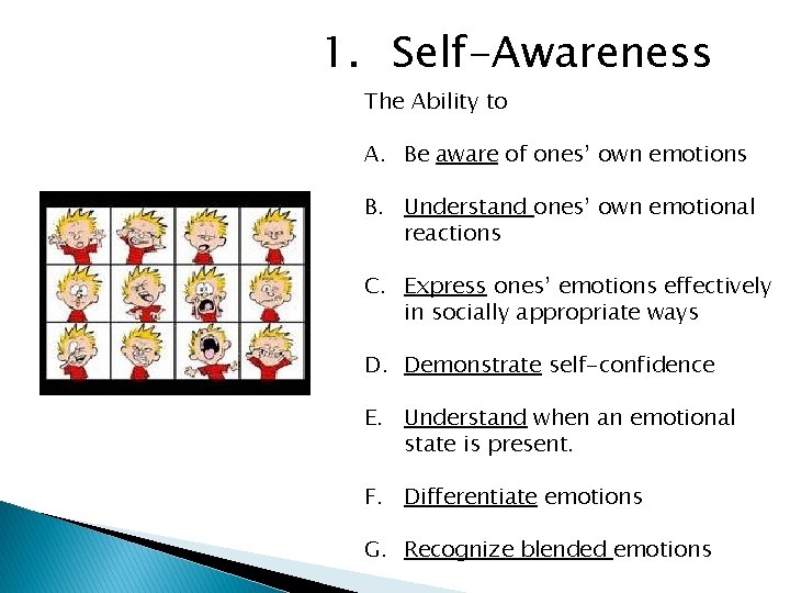 1. Self-Awareness The Ability to A. Be aware of ones’ own emotions B. Understand