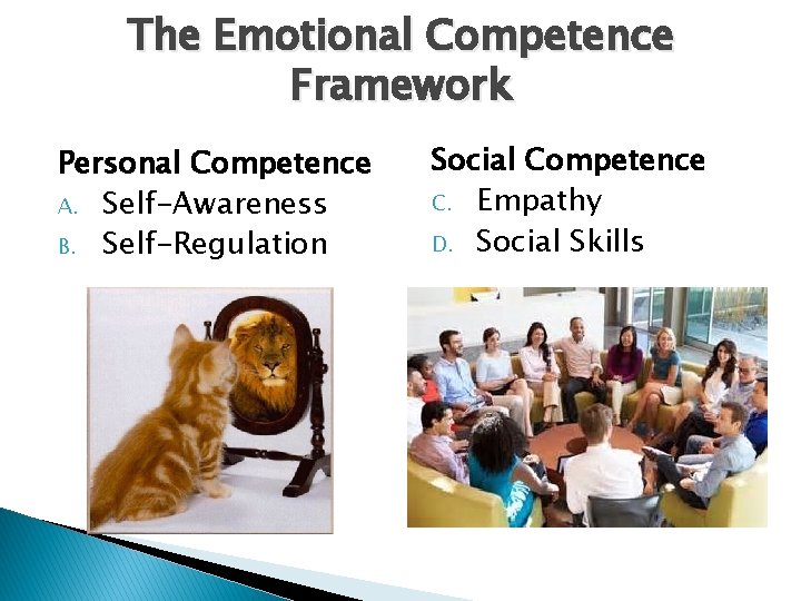 The Emotional Competence Framework Personal Competence A. Self-Awareness B. Self-Regulation Social Competence C. Empathy