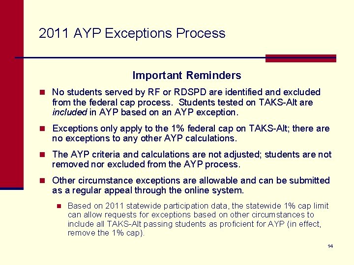 2011 AYP Exceptions Process Important Reminders n No students served by RF or RDSPD