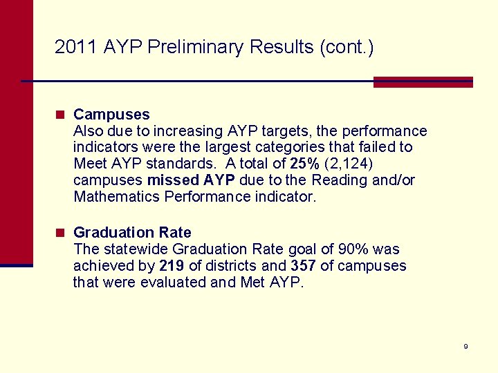 2011 AYP Preliminary Results (cont. ) n Campuses Also due to increasing AYP targets,