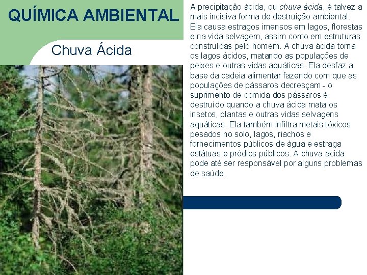 QUÍMICA AMBIENTAL Chuva Ácida A precipitação ácida, ou chuva ácida, é talvez a mais