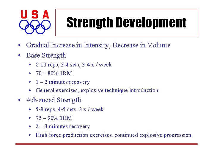 Strength Development • Gradual Increase in Intensity, Decrease in Volume • Base Strength •