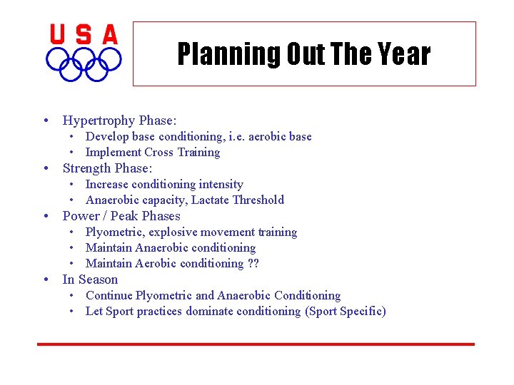 Planning Out The Year • Hypertrophy Phase: • Develop base conditioning, i. e. aerobic