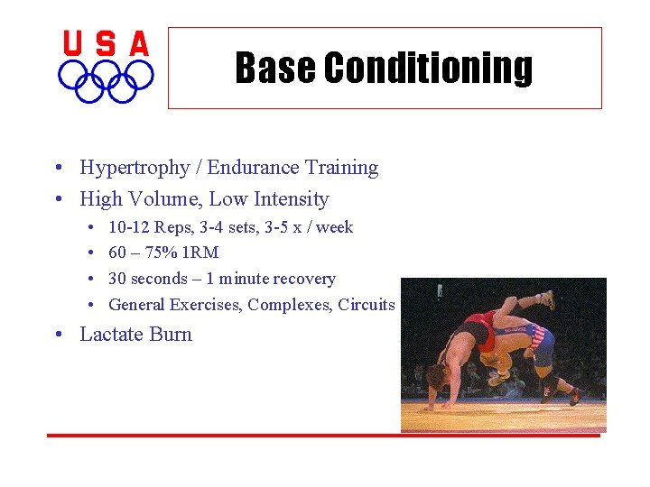 Base Conditioning • Hypertrophy / Endurance Training • High Volume, Low Intensity • •