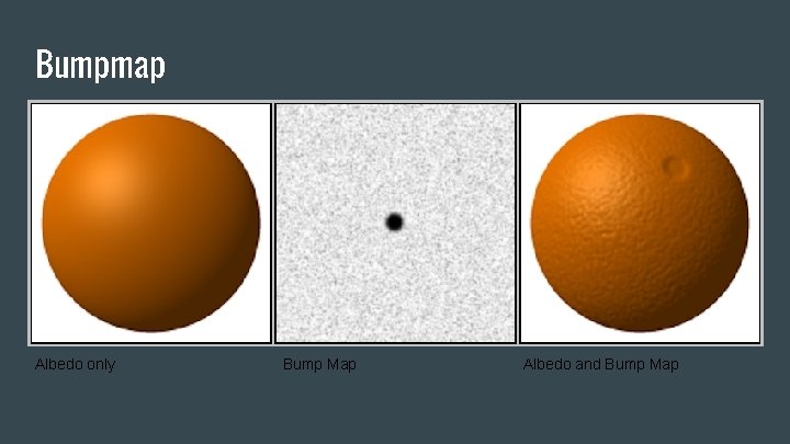 Bumpmap Albedo only Bump Map Albedo and Bump Map 