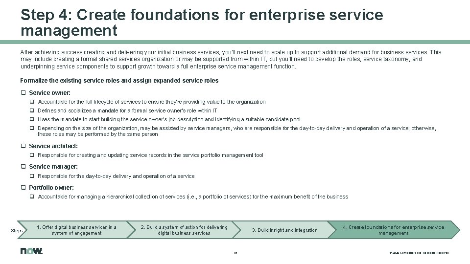 Step 4: Create foundations for enterprise service management After achieving success creating and delivering