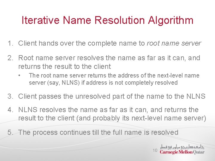 Iterative Name Resolution Algorithm 1. Client hands over the complete name to root name