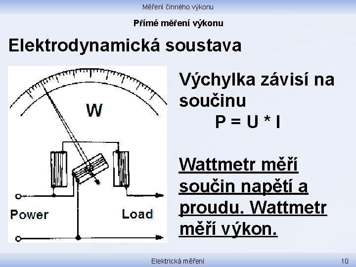 Měření činného výkonu Přímé měření výkonu Elektrodynamická soustava Výchylka závisí na součinu P=U*I Wattmetr