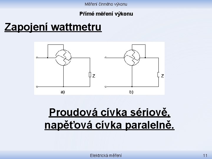 Měření činného výkonu Přímé měření výkonu Zapojení wattmetru Proudová cívka sériově, napěťová cívka paralelně.