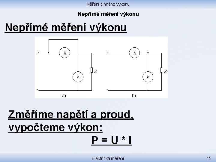 Měření činného výkonu Nepřímé měření výkonu Změříme napětí a proud, vypočteme výkon: P=U*I Elektrická