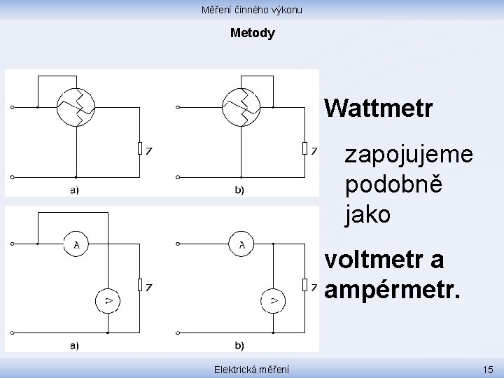 Měření činného výkonu Metody Wattmetr zapojujeme podobně jako voltmetr a ampérmetr. Elektrická měření 15