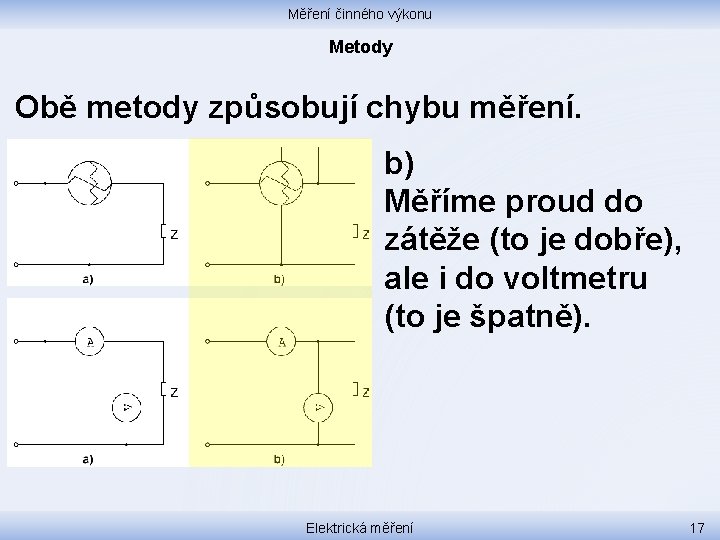 Měření činného výkonu Metody Obě metody způsobují chybu měření. b) Měříme proud do zátěže