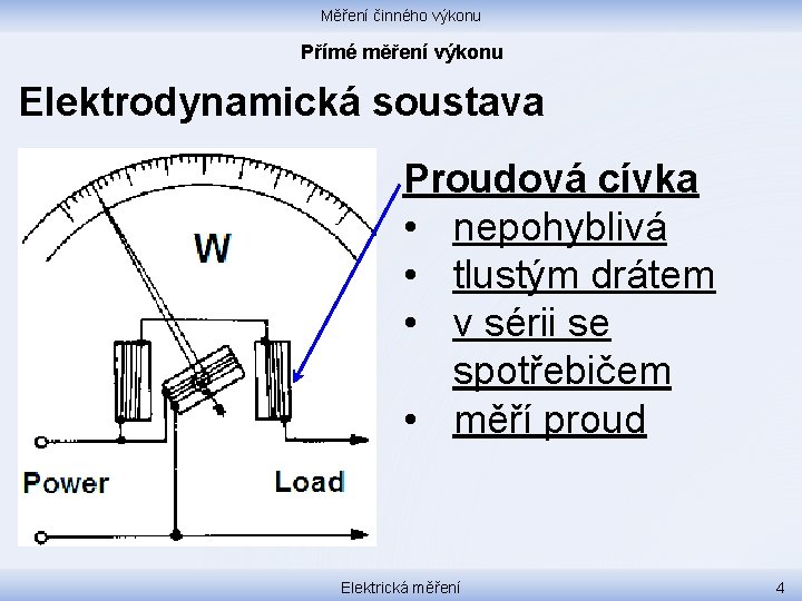 Měření činného výkonu Přímé měření výkonu Elektrodynamická soustava Proudová cívka • nepohyblivá • tlustým