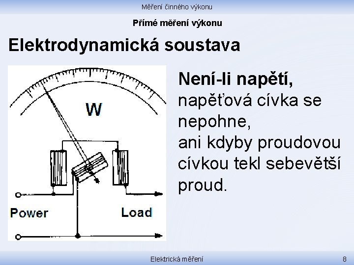 Měření činného výkonu Přímé měření výkonu Elektrodynamická soustava Není-li napětí, napěťová cívka se nepohne,