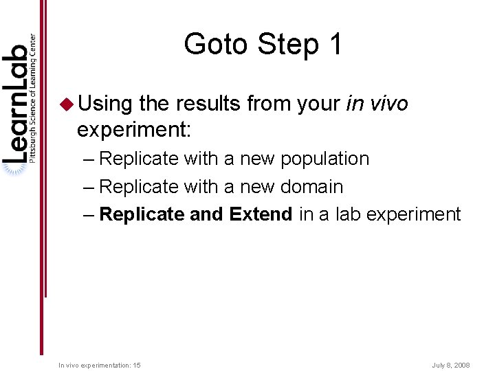 Goto Step 1 u Using the results from your in vivo experiment: – Replicate