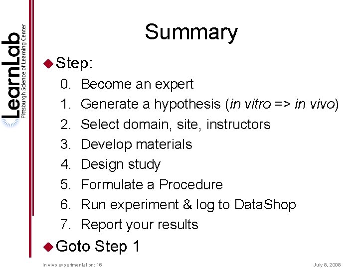 Summary u Step: 0. 1. 2. 3. 4. 5. 6. 7. Become an expert