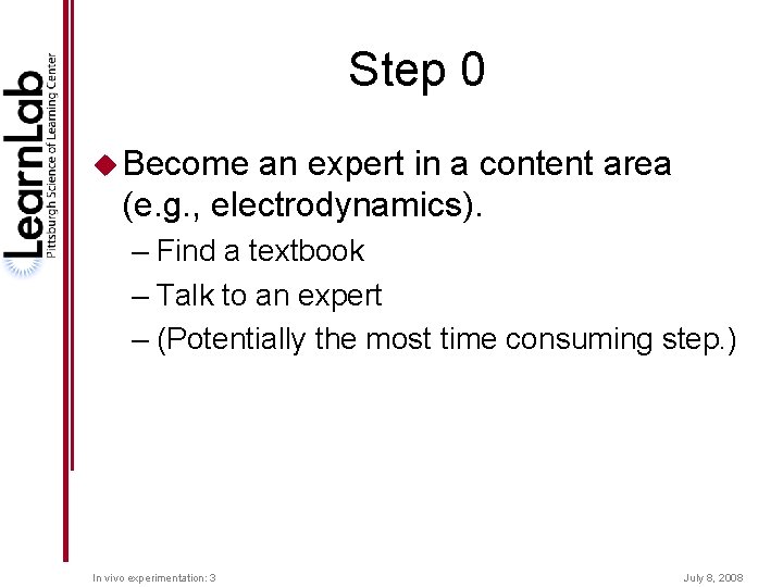 Step 0 u Become an expert in a content area (e. g. , electrodynamics).