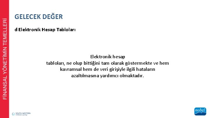 GELECEK DEĞER d Elektronik Hesap Tabloları Elektronik hesap tabloları, ne olup bittiğini tam olarak