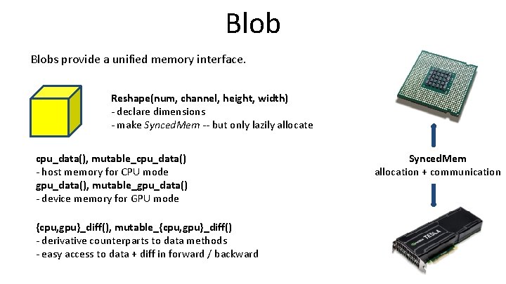 Blobs provide a unified memory interface. Reshape(num, channel, height, width) - declare dimensions -