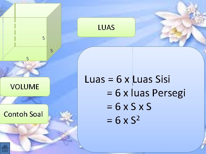 LUAS S VOLUME Contoh Soal Luas Kubus = 6 xmerupakan Luas Sisi Volume =