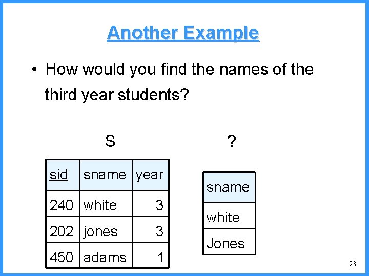 Another Example • How would you find the names of the third year students?