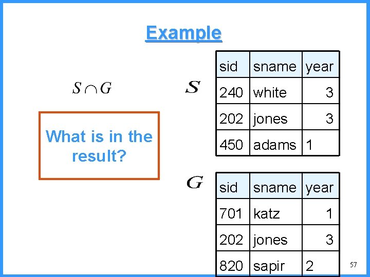 Example sid What is in the result? sname year 240 white 3 202 jones