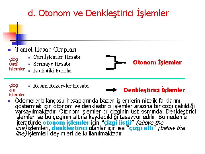 d. Otonom ve Denkleştirici İşlemler n Temel Hesap Grupları Çizgi Üstü işlemler Çizgi altı