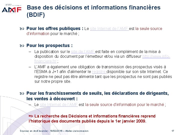 Base des décisions et informations financières (BDIF) Pour les offres publiques : Le site
