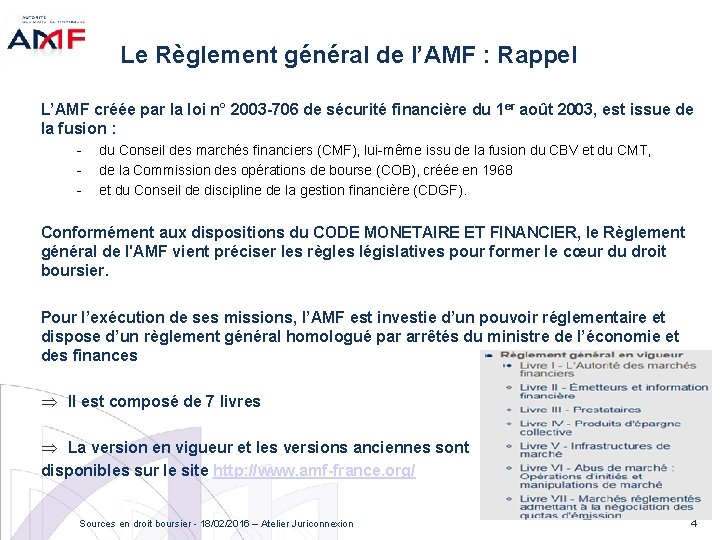 Le Règlement général de l’AMF : Rappel L’AMF créée par la loi n° 2003