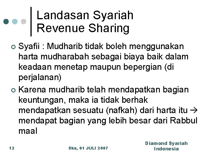 Landasan Syariah Revenue Sharing Syafii : Mudharib tidak boleh menggunakan harta mudharabah sebagai biaya