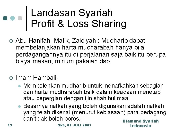Landasan Syariah Profit & Loss Sharing ¢ Abu Hanifah, Malik, Zaidiyah : Mudharib dapat