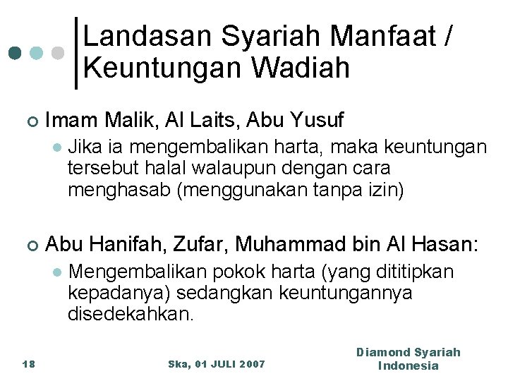 Landasan Syariah Manfaat / Keuntungan Wadiah ¢ Imam Malik, Al Laits, Abu Yusuf l